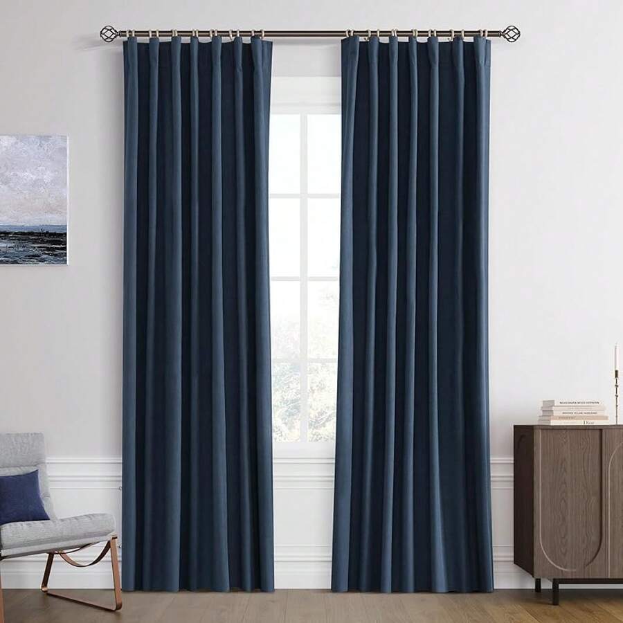 Beige Linen% Blackout Curtains 84 Inch Long, Rod Pocket/Back Tab/Hook Belt/Clip Rings, Thermal Insulated Drapes Bedroom Living Room With Hooks (1 Panel, 60 X 84), Stylish Window Treatments - 復古藍 - 查看 1