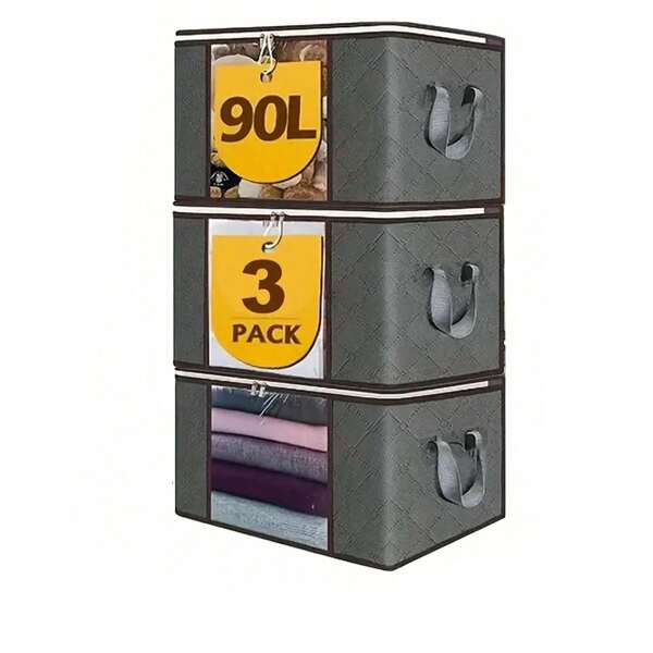 3pcs Foldable Zippered Fabric Storage Bins - Woven Material, Suitable For Bedding, Clothing, Pillows & Blankets - Perfect For Home, Bedroom, Dorm, Closet Organization - Light Gray, Clothes Storage Boxes