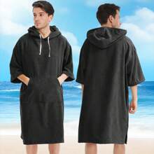 1pc Solid Color Super Absorbent Microfiber Bath Towel Cape, Quick Drying, Warm Hooded Beach Towel For Adults Men Women, Indoor Outdoor Use Summer Wedding Home Bathroom Decor Beach Wear Back To School