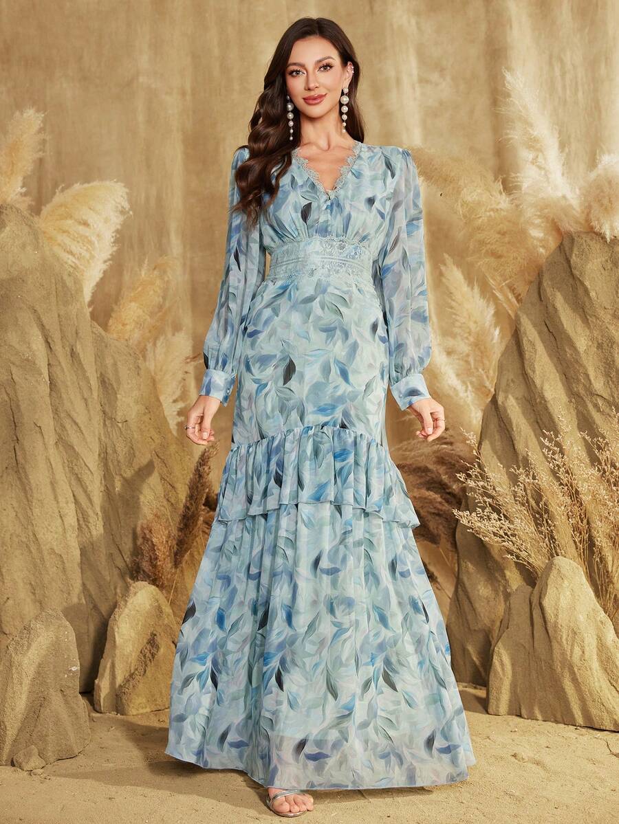 Đầm dài tay thanh lịch cổ chữ V in hoa ngẫu nhiên, viền ren, dành cho nữ, thích hợp cho kỳ nghỉ xuân. - Màu xanh Cadet - Xem 1