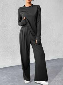 2pcs Women Long Sleeve Round Neck T-Shirt Top & Loose Comfortable Casual Pants Set - Black - View 10