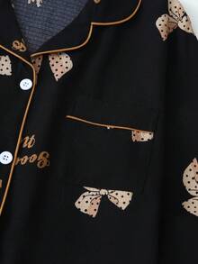 Conjunto de pijama de satén con estampado de lazo, blusa de manga larga y pantalón largo para mujer, ropa de otoño e invierno