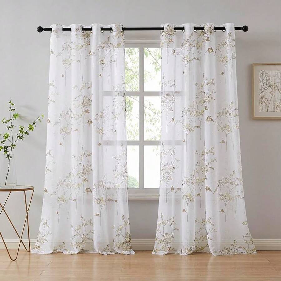 LinenZone Sheer Printed Patio Door Curtains With Silver Leaf Design.White Farmhouse Curtains For Sliding Doors Or Extra Large Windows.Single Patterned Leaf Curtain.(Katia 102 X 84, Silver) - Gold - 查看 1