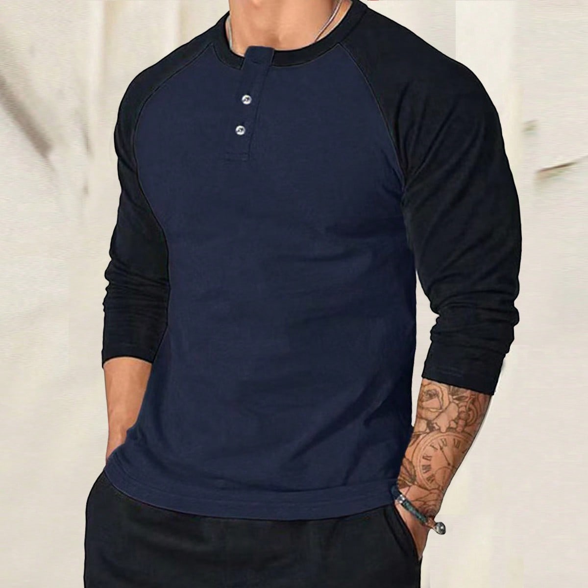 Camiseta de manga raglán con diseño de botones de color contrastante para hombres, otoño