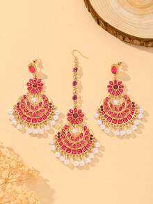 3件套时尚奢华仿珍珠吊坠耳环+头链首饰套装，适合女士日常佩戴和女孩派对佩戴