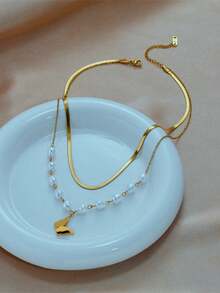 1pc Stainless Steel Luxury Double Layer Faux Pearl 3D Butterfly Pendant Necklace, Fashionable & Elegant For Women, Suitable For Daily Wear, Gatherings, Festivals And Parties