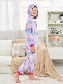 Tween Girl Purple Starry Sky Cat Ear One-Piece Loungewear - Multicolor - View 8