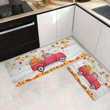 1/2 piezas Alfombra de piso de otoño y Acción de Gracias, hojas de arce amarillas clásicas y alfombras de suelo de cocina con estampado de camión rojo rellenas con calabaza, perfectas para uso en interiores/exteriores, familia, cocina, comedor, decoración de atmósfera de Accións