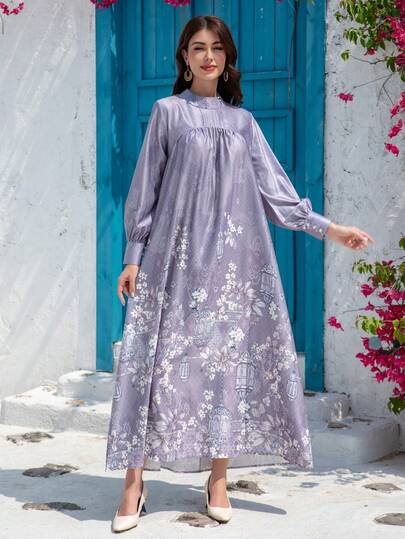 Women's Middle Eastern Arabic Style Elegant Printed Long Dress, Casual For Daily, Holiday, And Party Wear