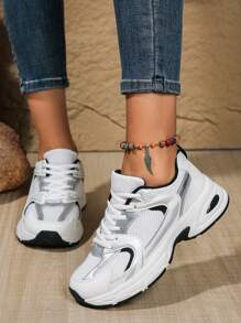 New Women Casual Sneakers, Preppy Style Chunky Sneakers, Lace-Up Round Toe Mesh & Leather Patchwork Breathable Versatile Printed Graffiti College Style Student Outdoor Hiking Leisure Commuting Shoes