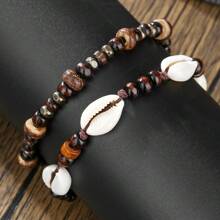 2pcs Men's Summer Holiday Natural Coconut Shell Wood Bead Shell Beaded Adjustable Anklet, Suitable For Vacation, Father's Gift Or Couples Gift