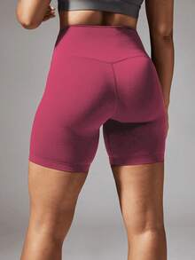 Plus Size Women High Waist Solid Color Casual Fitness Shorts - Hot Pink - View 5