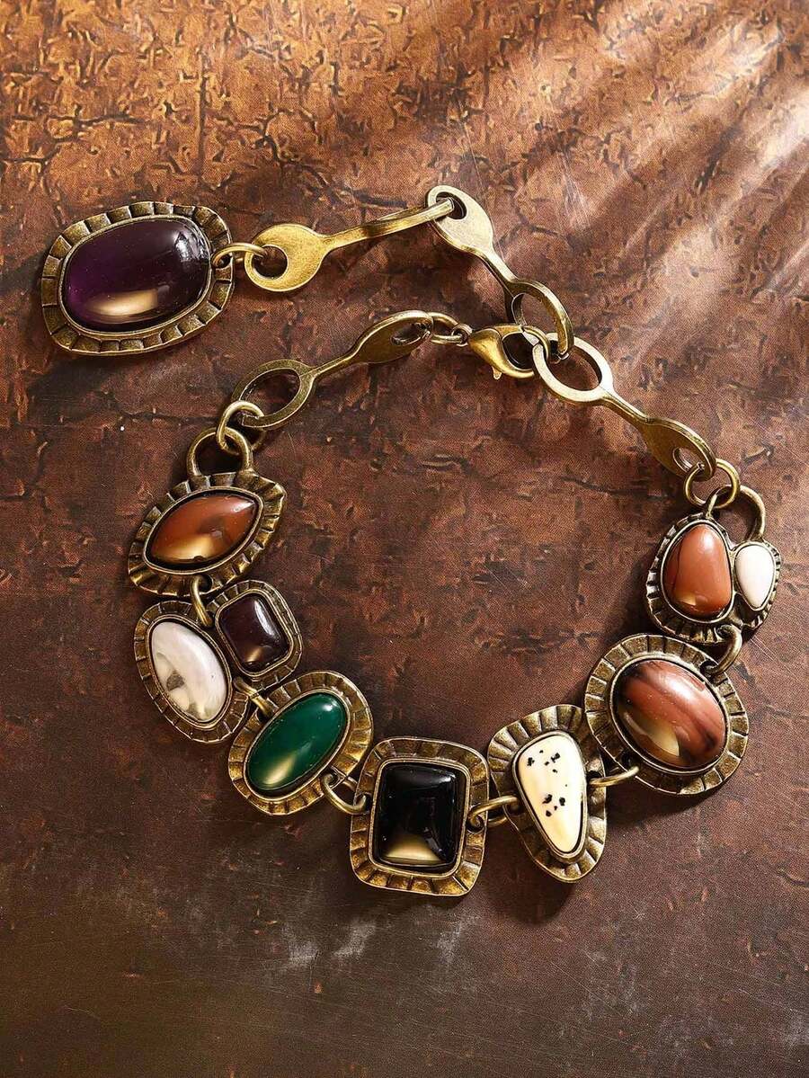 1 件全新 ZA 波西米亚复古手链女士时尚金色金属空心链饰树脂个性手链（树脂颜色随机） - 彩色 - 查看 1