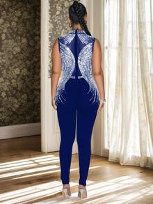 Elegante e alla moda abito lungo da ballo senza maniche con collo alto per donna, in tessuto semi-trasparente in rete con decorazioni in strass, adatto per feste, costumi di Ognissanti, tuta natalizia da donna, disponibile nei colori autunnali vinaccia, blu e per l'inverno, outfit da donna per Capodanno, abiti da cerimonia formali per donna