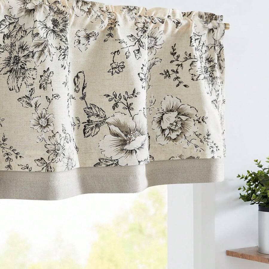 Linen Valance Kitchen Curtain Double Layer 16 Inch Living Room Bedroom Bathroom Window Treatment Blackout Vintage Rustic Farmhouse Cottagecore Rod Pocket 1 Panel On Beige - 米色底黑色花朵 - 查看 1
