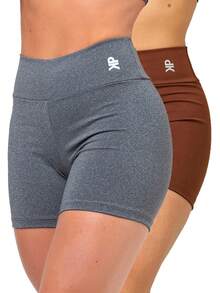 Kit 2 Women's Fitness Shorts High Waist Zero Transparency Blackout Gym Basic Bermuda Shorts Women's Crossfit Yoga - 灰色+咖啡色 - 查看 1