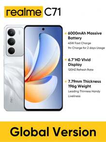 Realme C71 Unlocked Cellphone 6GB+128GB/8GB+256GB Global Version 4G LTE, Android 15 Smartphone, 50MP AI Camera, 120Hz Display Mobile Phone Pluse Light, 6000mAh Massive Battery, 45W Fast Charge, Octa-Core Chipest, No Adaptor