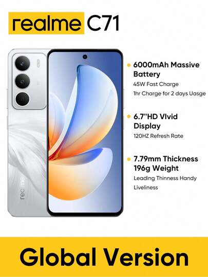 Realme C71 解锁手机 6GB+128GB/8GB+256GB 全球版 4G LTE，Android 15 智能手机，50MP AI 摄像头，120Hz 显示屏手机加光，6000mAh 大容量电池，45W 快速充电，八核芯片，无适配器