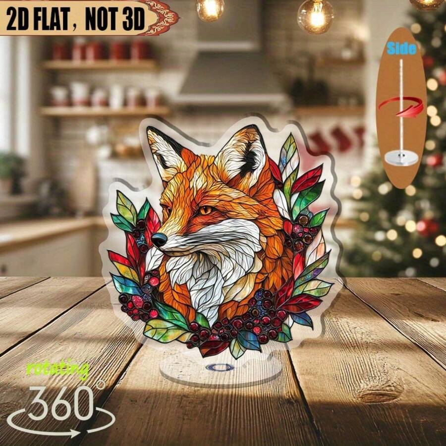 2D Rotating Acrylic Decor - Vibrant Painted Glass Art Of Red & Green Fox, 360° Rotating Holiday Decoration Suitable For Christmas, Seasonal Celebrations, Living Room, Bedroom, Kitchen, Unique Gift Idea, Artistic Fox Design