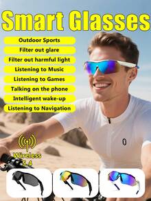 1pc Smart Glasses New Black Technology Wireless Headphones For Men And Women Outdoor Cycling Sports Navigation Voice Listening To Music Calling Voice Assistant Wake Up Remote Control Photography Apple Android Mobile Phone Universal Anti-Ultraviolet Sun Sunglasses Suitable For A Variety Of Face Shapes