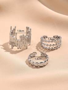 3pcs Adjustable Stainless Steel Gold-Tone Fashion Decorative Rings, Suitable For Daily Decoration Or As Gifts - Silver - View 3