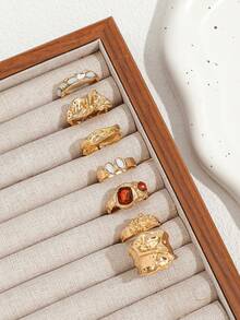 7pcs/Set Fashionable Luxury Personalized Elegant Delicate Multi-Color Crystal Geometric Metal Ring Set, Women's Daily Jewelry Accessories - Yellow Gold - View 2