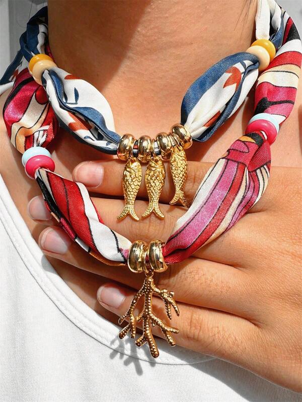 Collar de cuentas con pez coral dorado de dopamina de colores, collar de pañuelo azul estilo bohemio, joyería de playa, regalo de collar de bufanda para fiesta de verano y vacaciones