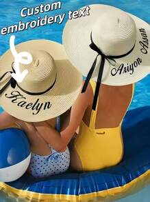 Customizable Straw Hat, Embroidered Nameplate, (Detachable Ribbon, Not Fixed), Single Lady Beach Hat, Personalized Straw Hat, Bridesmaid Gift, Beach Hat, Wedding Party, Sun Hat - Newlywed Honeymoon Gift, Embroidered Soft Edge Honeymoon Beach Hat, Customized Bride Sun Hat, Bachelorette Party Hat, Gift For Future Wife, Bridesmaid Gift, Gift For Her