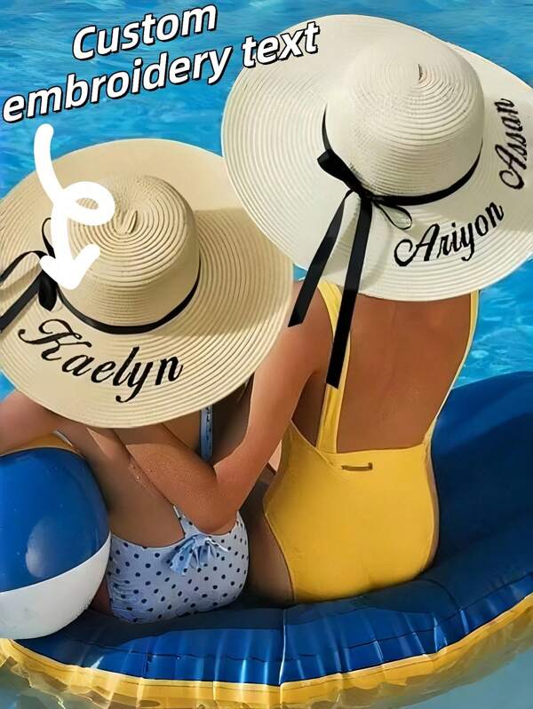 Customizable Straw Hat, Embroidered Nameplate, (Detachable Ribbon, Not Fixed), Single Lady Beach Hat, Personalized Straw Hat, Bridesmaid Gift, Beach Hat, Wedding Party, Sun Hat - Newlywed Honeymoon Gift, Embroidered Soft Edge Honeymoon Beach Hat, Customized Bride Sun Hat, Bachelorette Party Hat, Gift For Future Wife, Bridesmaid Gift, Gift For Her