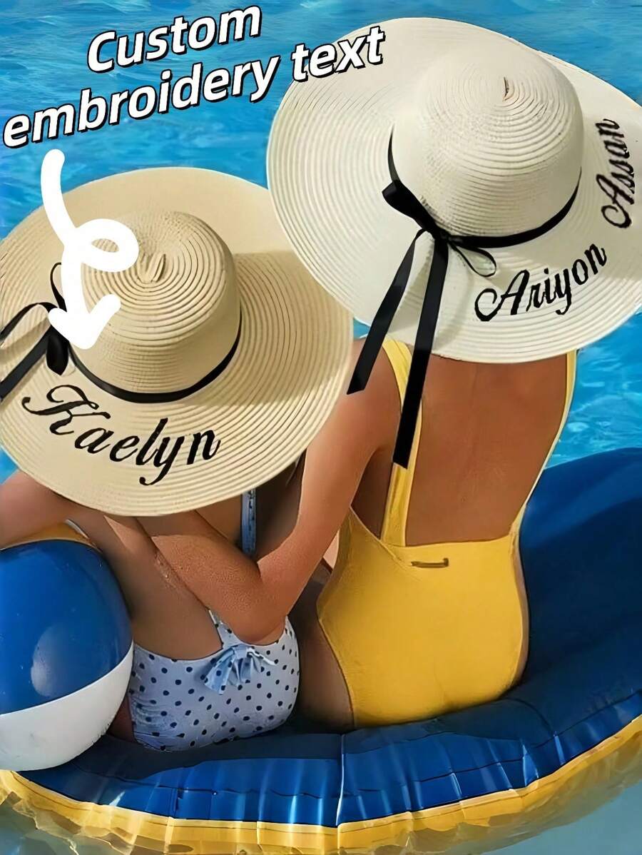 Customizable Straw Hat, Embroidered Nameplate, (Detachable Ribbon, Not Fixed), Single Lady Beach Hat, Personalized Straw Hat, Bridesmaid Gift, Beach Hat, Wedding Party, Sun Hat - Newlywed Honeymoon Gift, Embroidered Soft Edge Honeymoon Beach Hat, Customized Bride Sun Hat, Bachelorette Party Hat, Gift For Future Wife, Bridesmaid Gift, Gift For Her