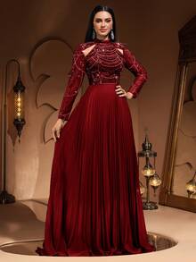 Đầm chiffon xếp ly sang trọng, thanh lịch dành cho nữ, đính sequin và ren, thiết kế cao cấp, thích hợp cho các dịp trang trọng, tiệc tùng, đám cưới, ngày Valentine mùa xuân. - Màu Đỏ Sâu - Xem 2
