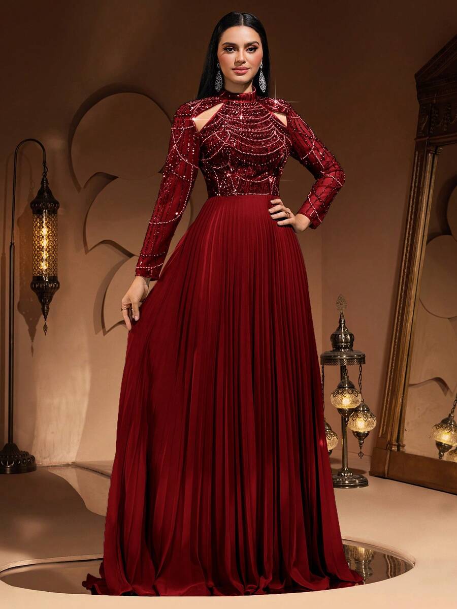 Đầm chiffon xếp ly sang trọng, thanh lịch dành cho nữ, đính sequin và ren, thiết kế cao cấp, thích hợp cho các dịp trang trọng, tiệc tùng, đám cưới, ngày Valentine mùa xuân.