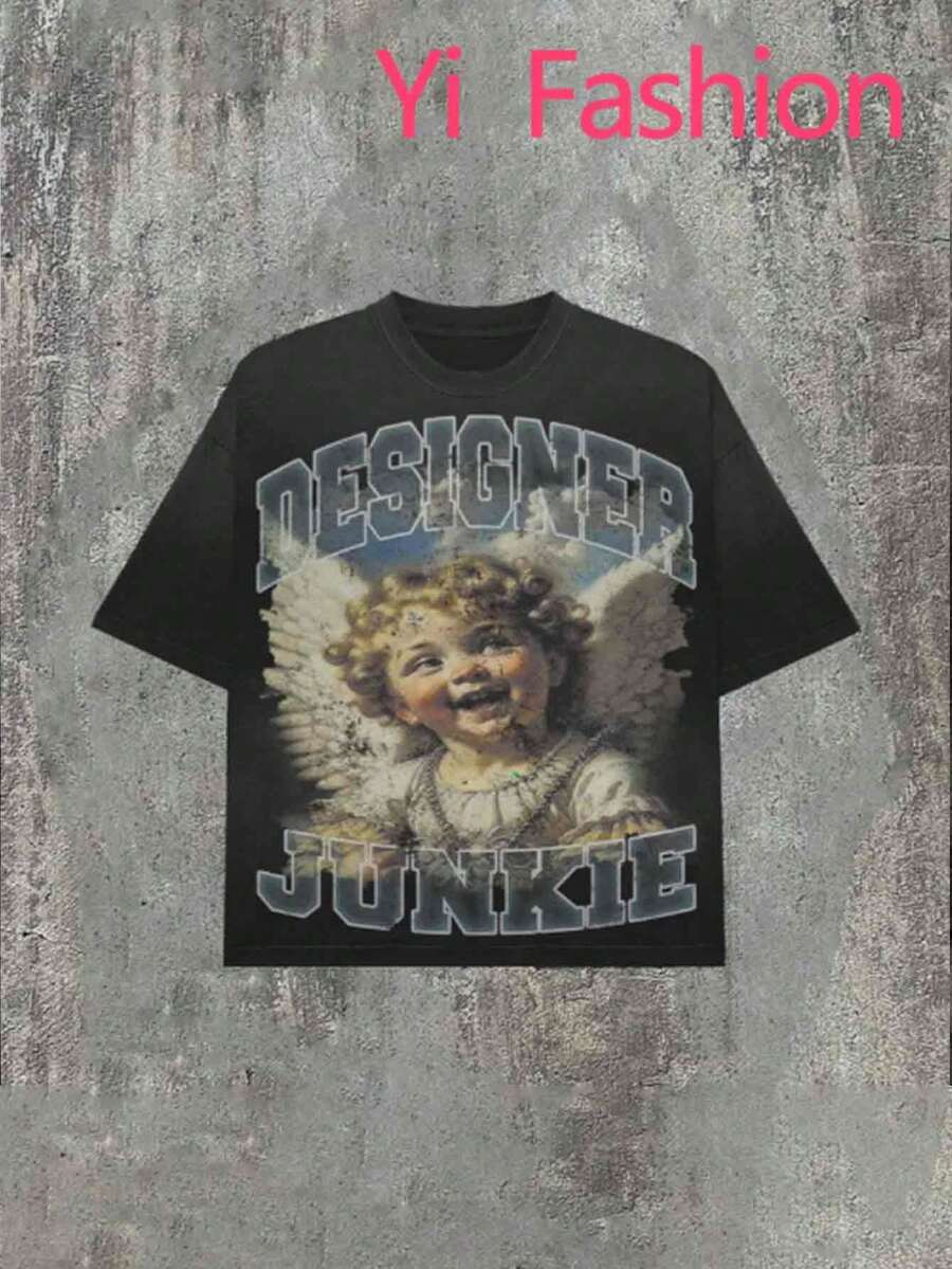 (220 Cotton T-Shirt) Men's Casual Soft 100% Cotton Full Collar Round Neck Short Sleeve T-Shirt With Portrait And Letter Printing - 黑色 - 查看 1