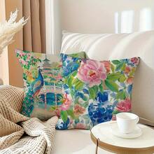 18x18 Inch Blue And White Chinoiserie Throw Pillow Covers, Floral Peacock & Pagoda Watercolor Print, Farmhouse Decor For Indoor/Outdoor Use, Envelope Closure, Machine Washable - 樣式 2 - 查看 5
