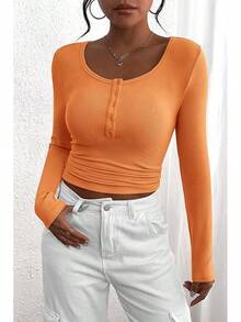 Women's 2026 Fall Long Sleeve Henley T Shirts Button Ribbed Knit Slim Fit Basic Tops Blouse Casual Outfits/Vacation Outfits Women/Valentine Outfits For Women - trái cam - Xem 3