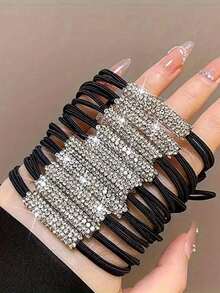 20/10/3 件奢华水钻发圈，新款马尾辫弹力发带，简单百搭，高弹性，温柔呵护秀发，优雅时尚的设计，适合派对、活动和日常佩戴，马尾辫固定器，发圈，发圈，发绳，发饰，健身运动装 - 黑色 - 查看 3