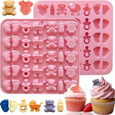 1 Set Baby Pacifier, Footprint, Bowknot, Heart Chocolate Molds, Silicone Molds For Baby Pacifier, Footprint, Bottle Cradle, Small Chocolate Candy Molds, Suitable For Cupcake Decoration, Baking, Soap, Ice Cube, Wax Melts