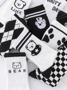 10 双黑白熊条纹袜子，棋盘格和钻石图案袜子，青少年运动中筒袜，适合女孩、男孩、妈妈、爸爸、女孩冬装、男孩冬装、节日礼物 - 彩色 - 查看 4