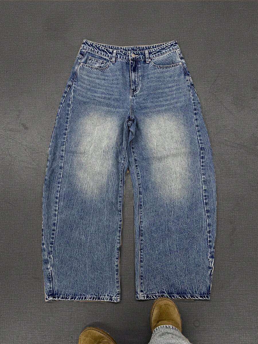 男士水洗阔腿牛仔裤，高品质复古水洗蓝，宽松版型，纯棉面料，街头风，舒适直筒，休闲青春风 - 藍色 - 查看 1