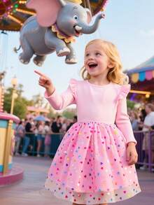 Kleine Mädchen Bunter Polka Punkt Mesh Trompetenärmel Rundhals Prinzessin Kleid, geeignet für Party, Outdoor, Alltag, Urlaub, Geschenk