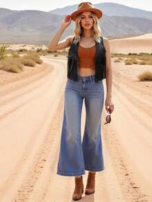 Womens Leather Tassel Vest 70s Hippie Costume Sleeveless Cowgirl Western Outerwear - 黑色 - 查看 9