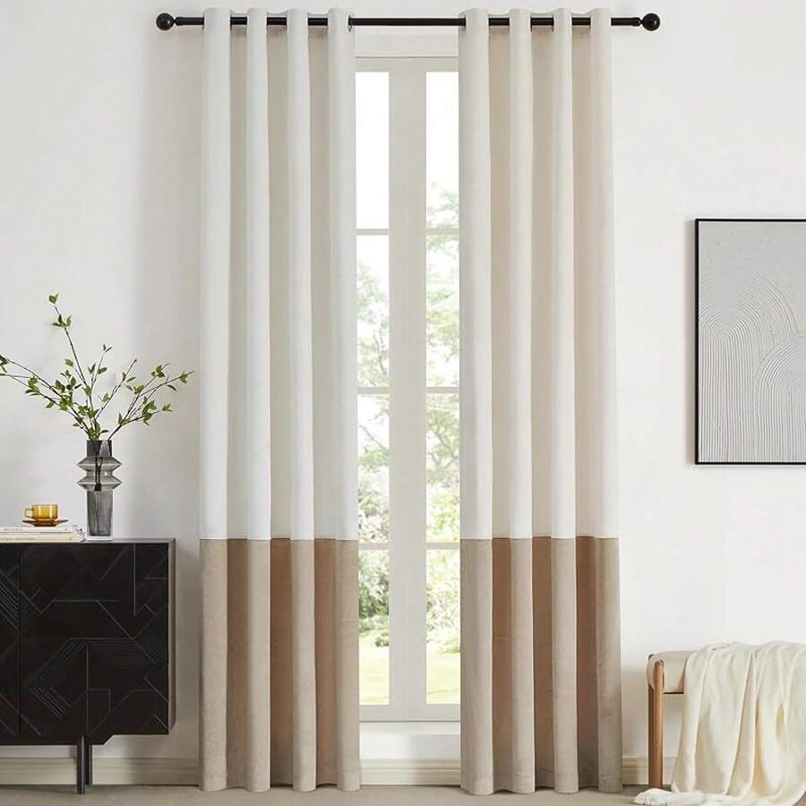 Black Gold Color Block Window Curtains Panels 84 Inches Long Farmhouse Drapes Bedroom Living Room Darkening Treatment With Grommet Set Home Decor - 奶油和香檳 - 查看 1