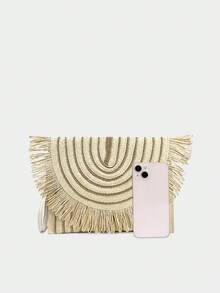 Boho-Stil gewebte schwarze Clutch Tasche, neue Strohumschlag Tasche für den Sommer, Strandurlaub Quasten Tasche