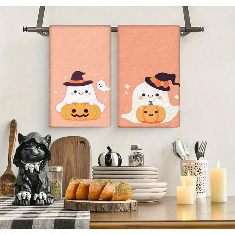 2 件套可爱万圣节毛巾 - 装饰性洗碗布，超强吸水超细纤维，可机洗，节日礼物和清洁用品装饰，适用于节日装饰、烹饪、烘焙、乔迁礼物和清洁，适合厨房、浴室、卫生间