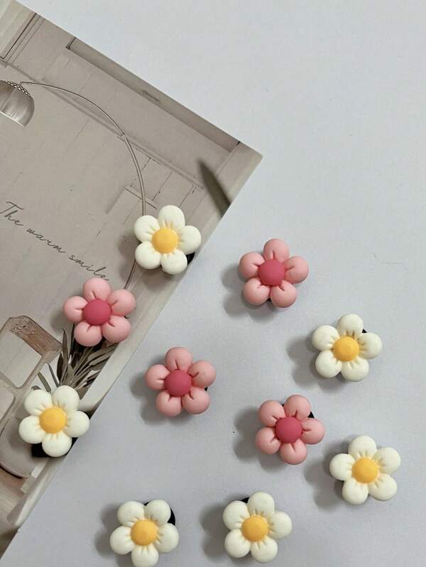 10pcs Fashion DIY Shoe Accessories, White Flower And Pink Floral Decorations, Suitable For Beach Shoes, Sandals, Slippers, Hollow Wooden Clogs, Detachable Shoe Clips, Ideal For Holiday Gifts