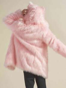 1pc Men's Long Sleeve Faux Fur Coat, Fluffy Soft Pink Furry, Hooded With Ears, Cute & Playful, Loose Fit, Mid-Length, Suitable For Autumn/Winter, Holidays, Daily, Travel, Outdoor, Streetwear, Home Wear
