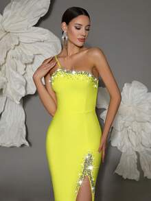 Elisanya 绷带连衣裙女士单肩手工串珠性感紧身开衩优雅鸡尾酒会晚礼服 - 黃色 - 查看 1