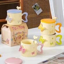 1pc Butterfly Embossed Mug With Lid, 4 Styles Available, Comes With Stainless Steel Spoon, Warm Style Gift For Boys And Girls - Yellow - View 7