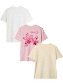 Bộ 3 áo thun ngắn tay cổ tròn in hoa dễ thương, phong cách tối giản mùa hè mới, đa năng, thích hợp mặc hàng ngày cho nữ, màu trắng. - trắng - Xem 5