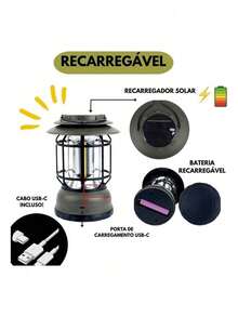Lampião Lanterna Led Retro Bateria Recarregavel Usb Camping Viagem Alta Duracao Multifuncional Luminaria Luz Emergencia - Preto - Visão 5